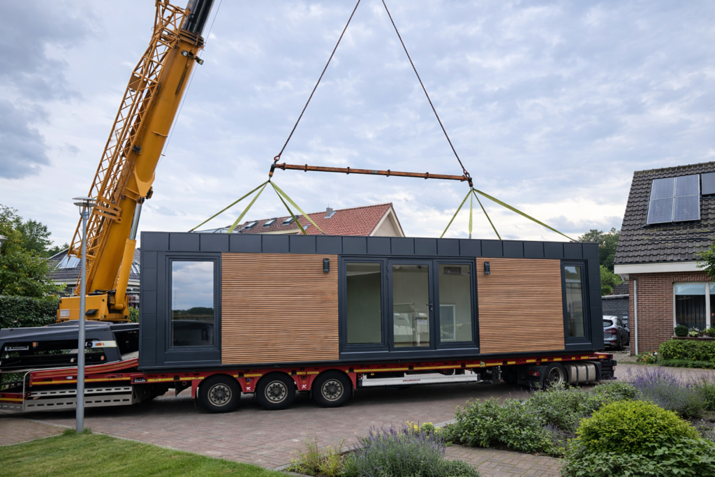 Plaatsing en transport van een modulaire woonunit in een woonwijk in Nederland